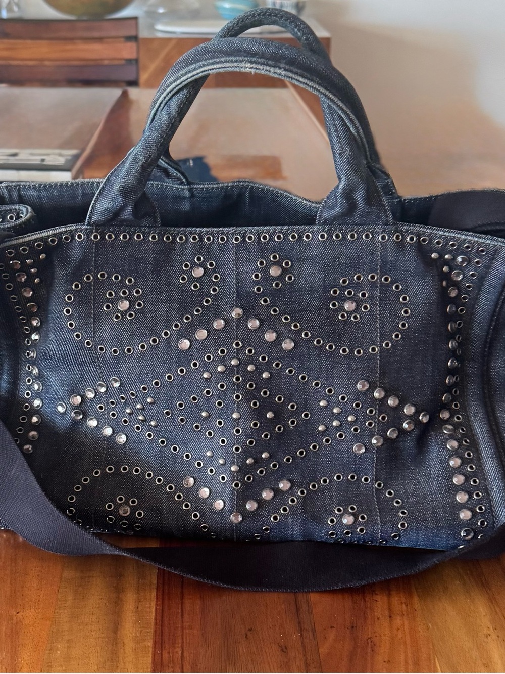 Prada Studded Dark Denim Tote Bag